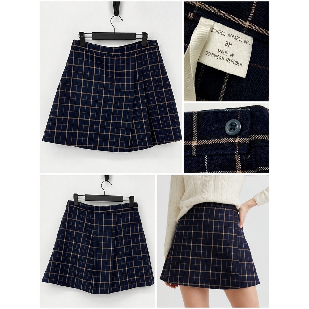 A+ Navy Blue Plaid Windowpane Mini Skirt Side Pleat A-Line Preppy Career Size 8H